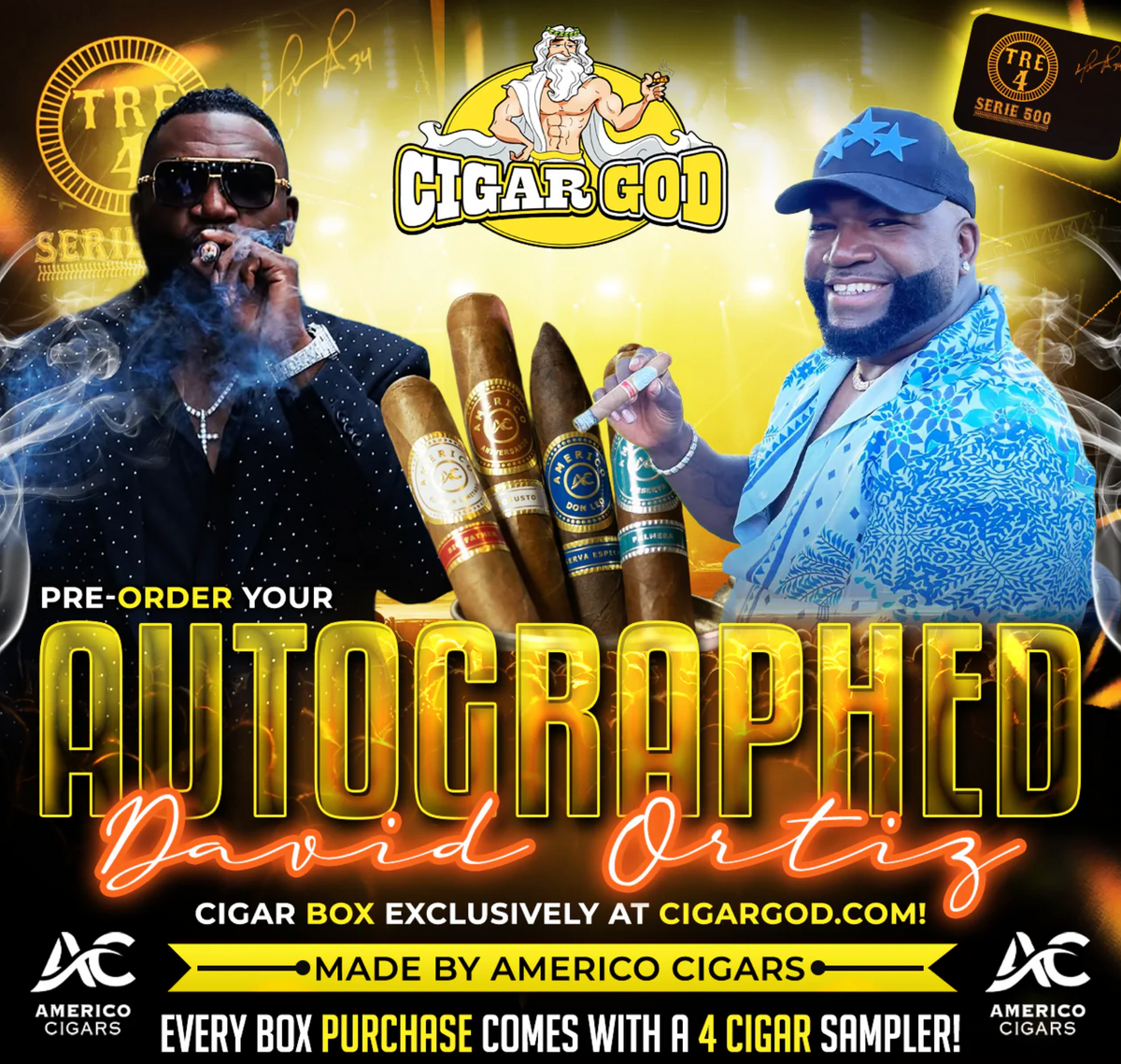 AUTOGRAPHED DAVID ORTIZ Americo Cigars Tre 4 box of 10 + Free 4
